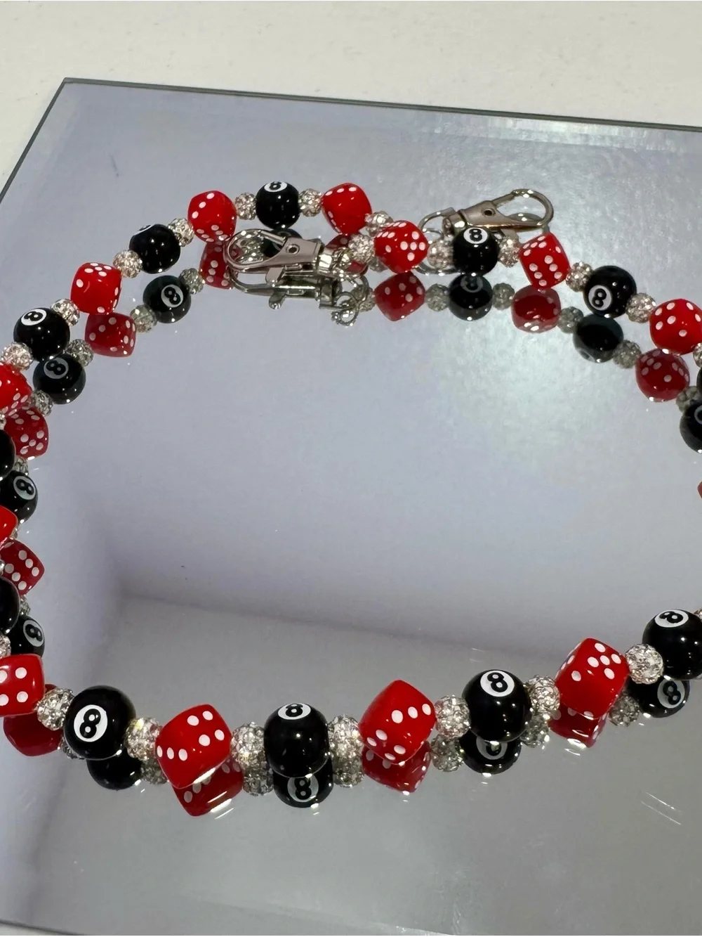 New Beaded Red & Black Dice and 8-Ball Bag Chain 18 inches